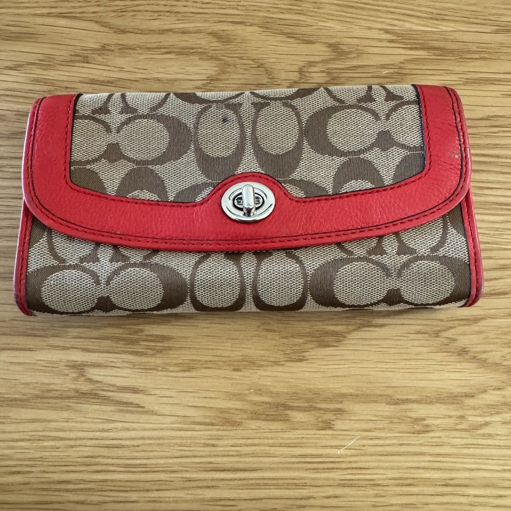 Coach Red and Brown Signature Wallet